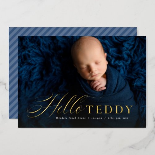 Script hello classic blue photo birth announcement