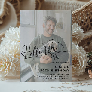 Script Hello Fifty Minimal Photo 50th Birthday Invitation