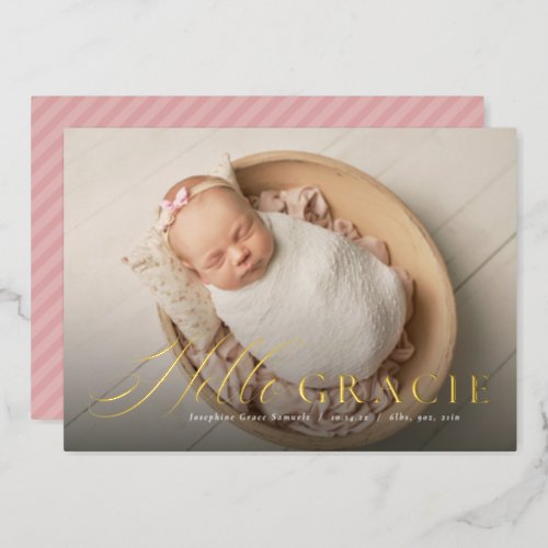 Script hello nickname pink one photo birth announc foil invitation