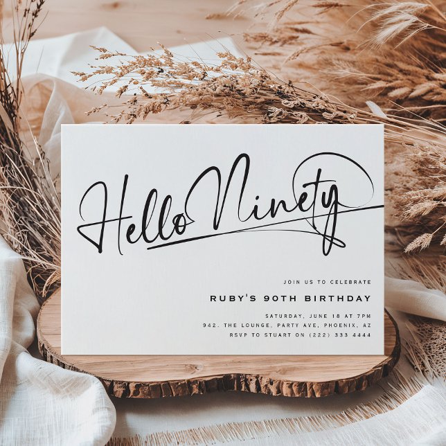 Script Hello Ninety Minimalist 90th Birthday Invitation (Creator Uploaded)