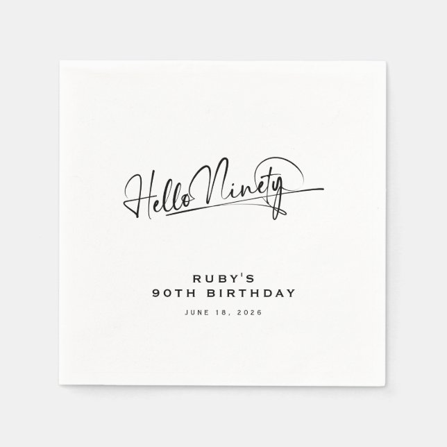 Script Hello Ninety Minimalist 90th Birthday Napkins (Front)