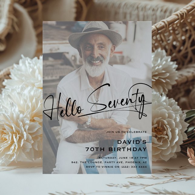 Script Hello Seventy Minimal Photo 70th Birthday Invitation (Creator Uploaded)