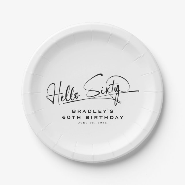 Script Hello Sixty Minimalist 60th Birthday Paper Plates (Front)