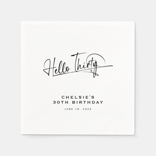 Script Hello Thirty Minimalist 30th Birthday Napkins (Front)