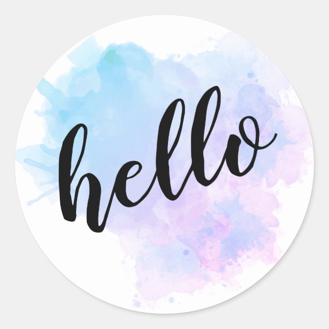 Script HELLO Watercolor Splash Classic Round Sticker (Front)