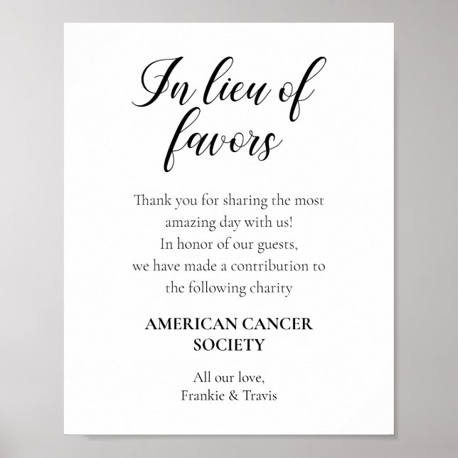 Script In Lieu Of Favors Charity Donation Wedding Poster (Front)