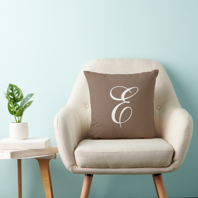 Script Initial Monogram Light Brown and White Throw Pillow (Chair)