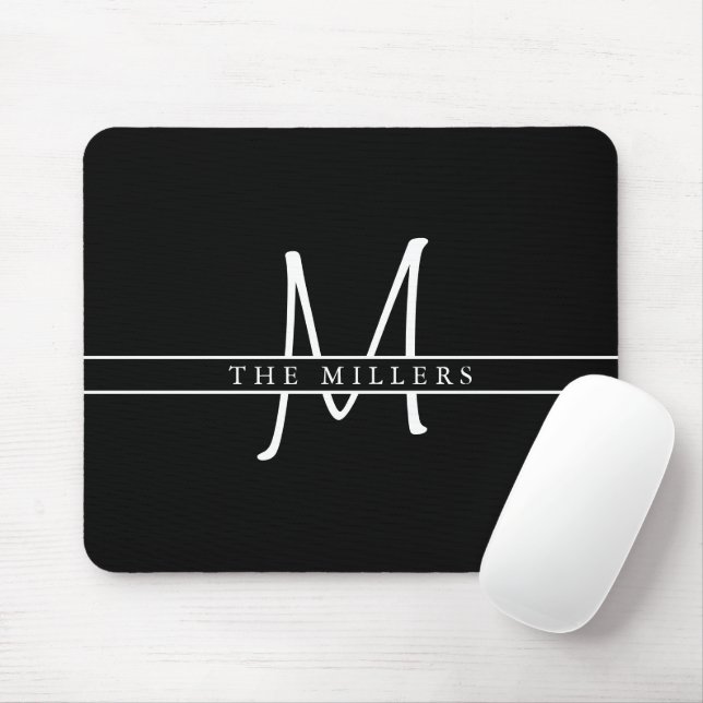 Script Initial Split Monogram, Personalized Black Mouse Pad (With Mouse)