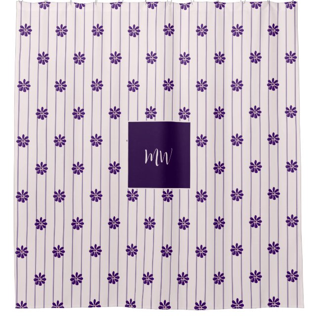 Script Initials Blush & Violet Stripes, Flowers Shower Curtain (Front)