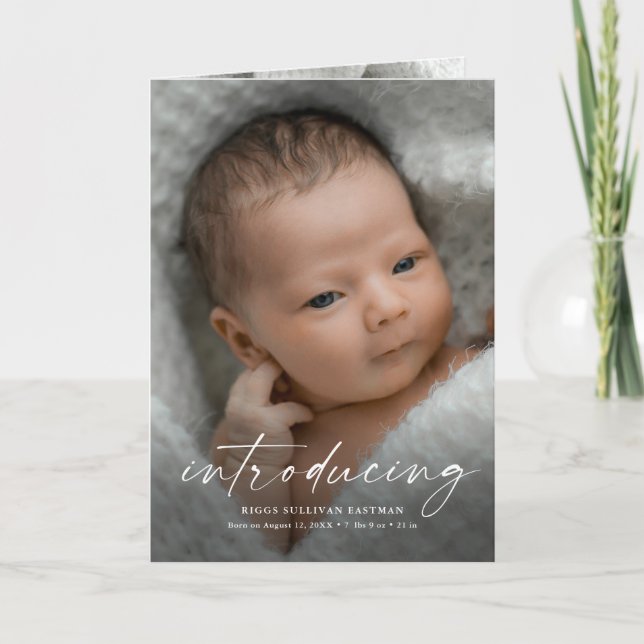 Script Introducing Baby Photo Letterpress Thank You Card (Front)