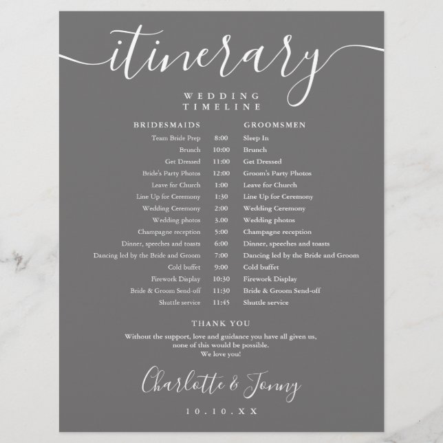 Script Itinerary Schedule Gray Wedding Timeline (Front)