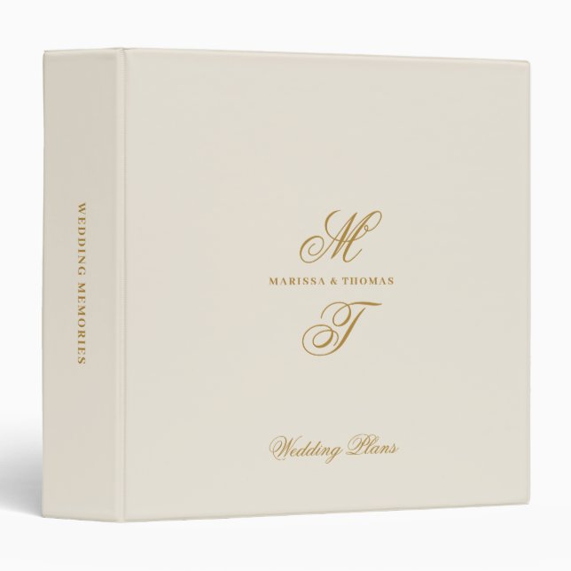 Script Ivory Gold Wedding Plans Monogram Planners 3 Ring Binder (Front/Spine)