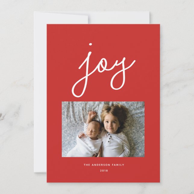 Script Joy Personalized Red Holiday Photo Card (Front)