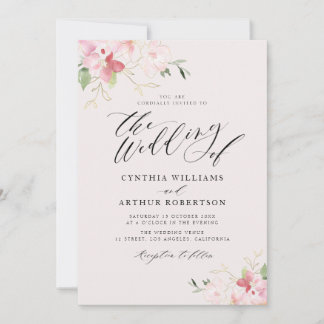 script lettering floral grey and blush wedding invitation