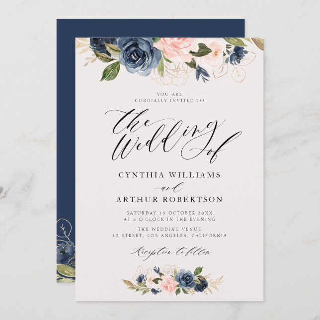 script lettering floral navy and blush wedding invitation (Front/Back)