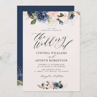 script lettering floral navy and blush wedding invitation