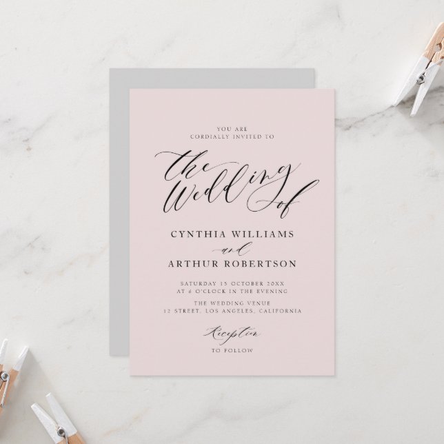 script lettering grey and blush wedding invitation (Front/Back In Situ)