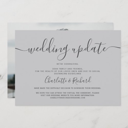 Script light gray wedding downsizing photo announcement