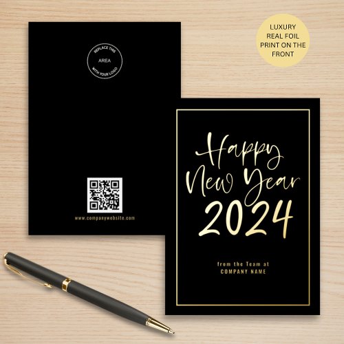 Script Logo QR Company Happy New Year 2024 Black Foil Holiday Card