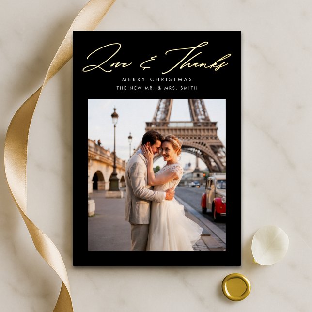 Script Love and Thanks Christmas Photo Black Gold Foil Holiday Card (Creator Uploaded)