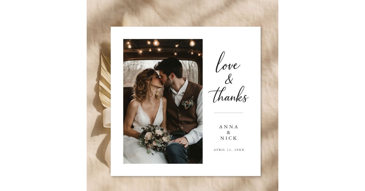 Script Love and Thanks Modern Photo Wedding Square Thank You Card | Zazzle