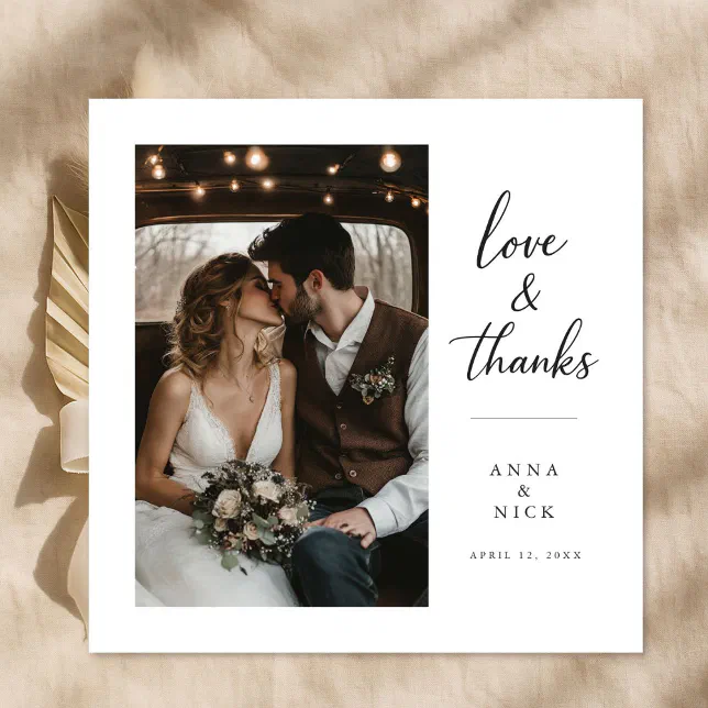 Script Love and Thanks Modern Photo Wedding Square Thank You Card | Zazzle