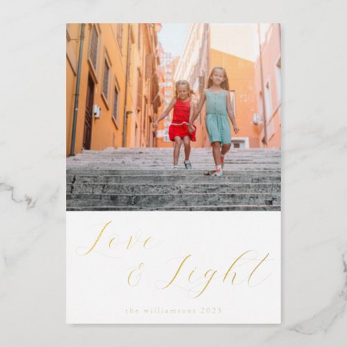 Script Love Light Simple Hanukkah Two Photo Gold Foil Holiday Card