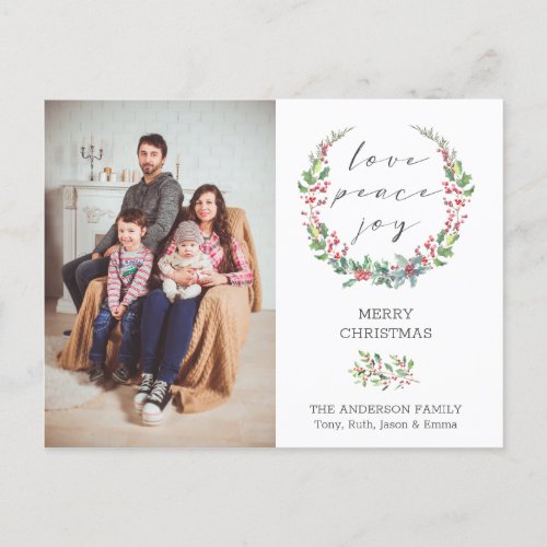 Script Love Peace Joy Holly Photo Christmas Holiday Postcard