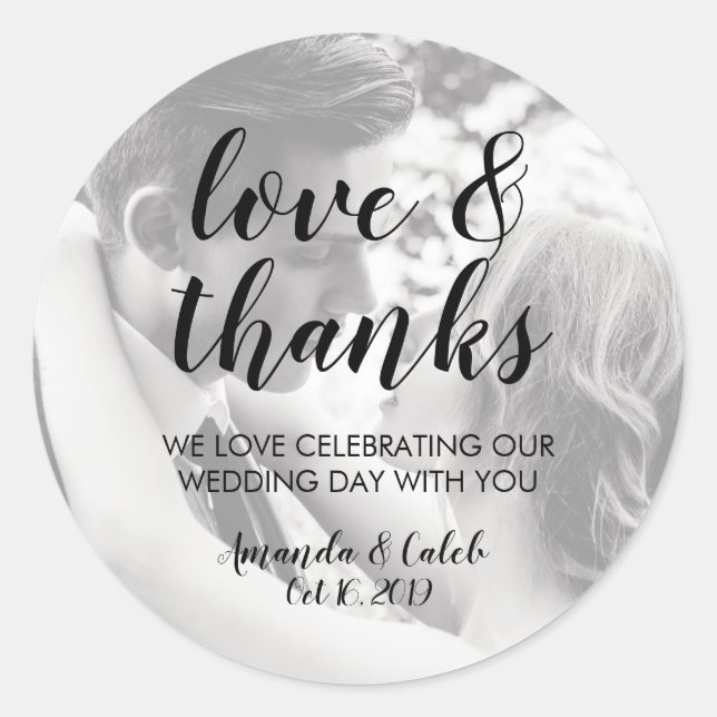 Script Love & Thanks Photo Wedding Favor Sticker (Front)