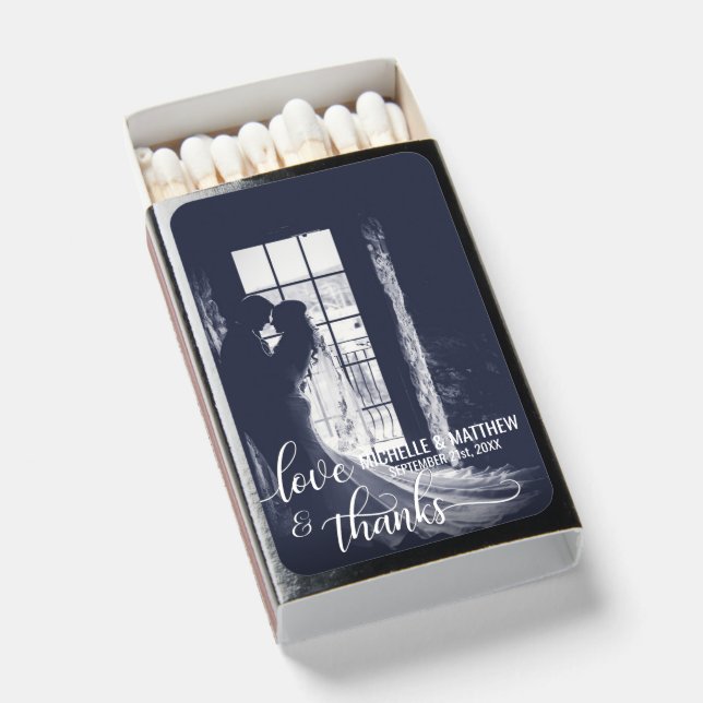 Script LOVE & THANKS wedding note card | PHOTO Matchboxes (Front Open)