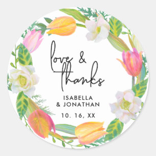 Script Love & Thanks Wedding Pink Tulip Floral Classic Round Sticker
