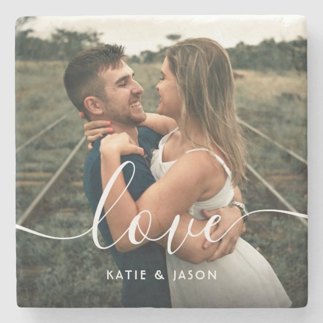 Script Love Wedding Photo Stone Coaster (Front)