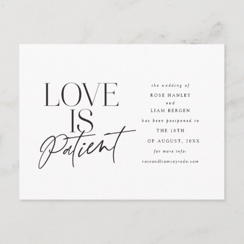Script Love Wedding Postponed Change the Date Postcard