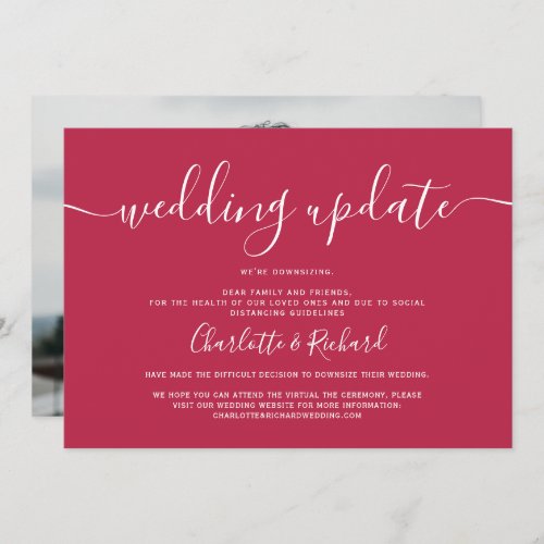 Script magenta and white wedding downsizing photo announcement