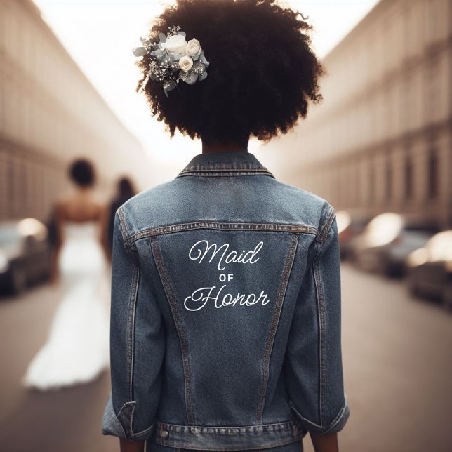 Script Maid of Honor Denim Jacket (black girl wearing a denim jacket with the message "maid of honor")
