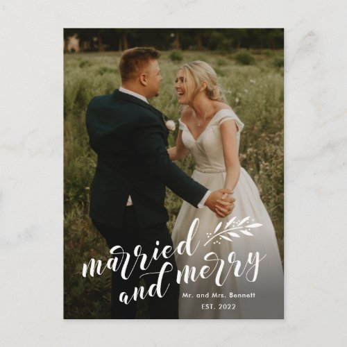 Script Married and Merry Wedding Photo Christmas Holiday Postcard