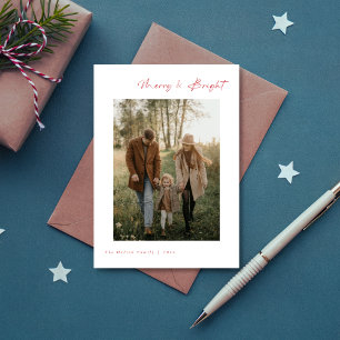 Script Merry & Bright Modern Cute Family Photo Red Holiday Card
