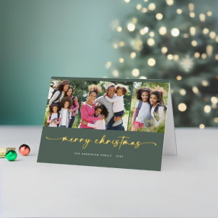Script Merry Christmas 3 Photo Green Real Gold Foil Holiday Card