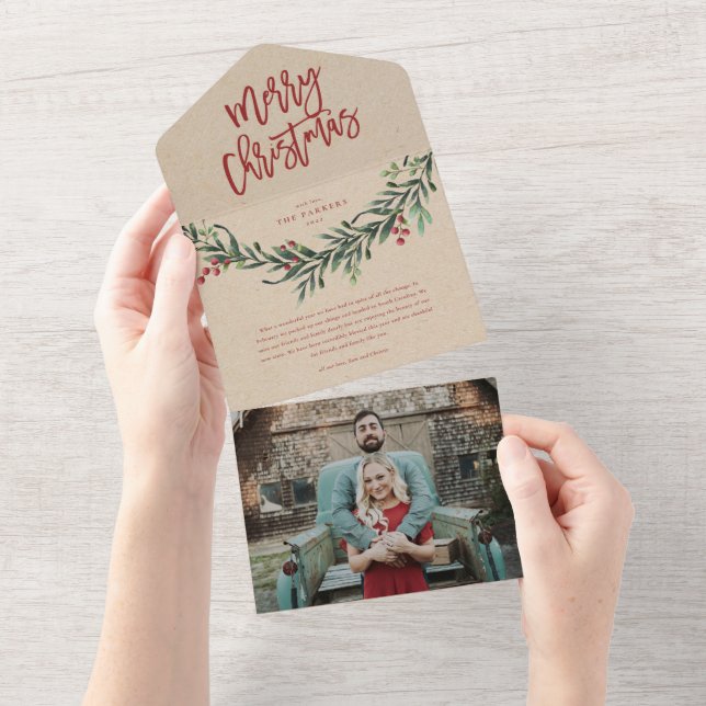 Script merry christmas branch photo holiday all in one invitation (Tearaway)