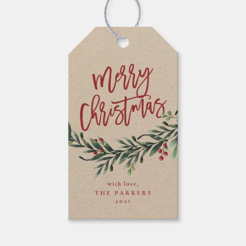 Script merry christmas branch with berries gift ta gift tags