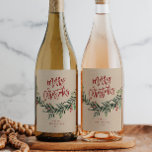Script Merry Christmas Branch with Berries Wine Label<br><div class="desc">A festive,  red,  green and white merry christmas wine label featuring bold script and watercolor greenery with leaves and berries. Makes a great gift or christmas holiday party favor.</div>