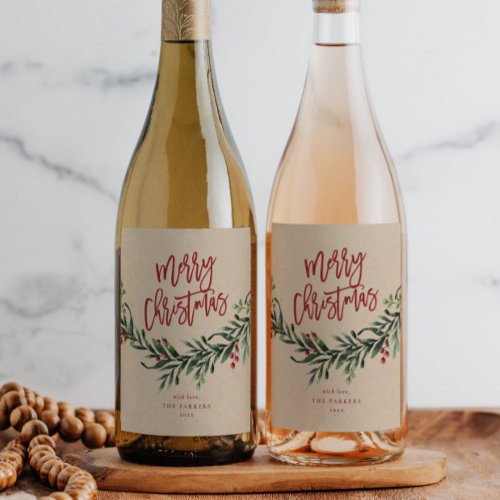 Script Merry Christmas Branch with Berries Wine Label