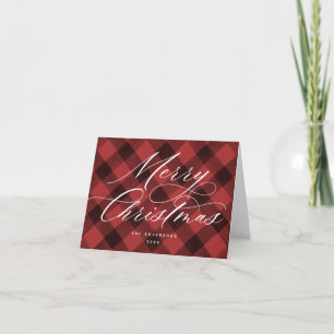 Script Merry Christmas Buffalo Check Red Holiday Card