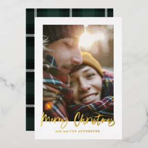  script merry christmas green tartan photo holiday
