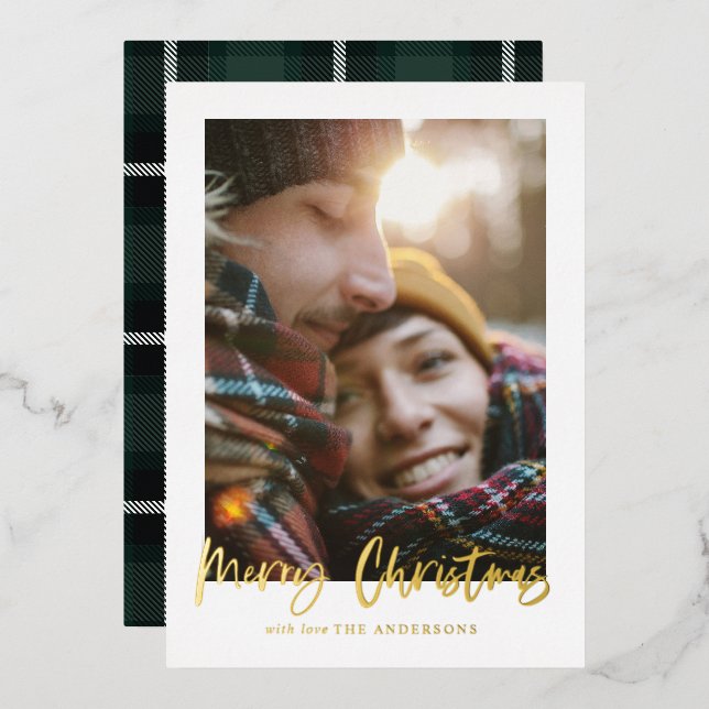  script merry christmas green tartan photo holiday (Front/Back)