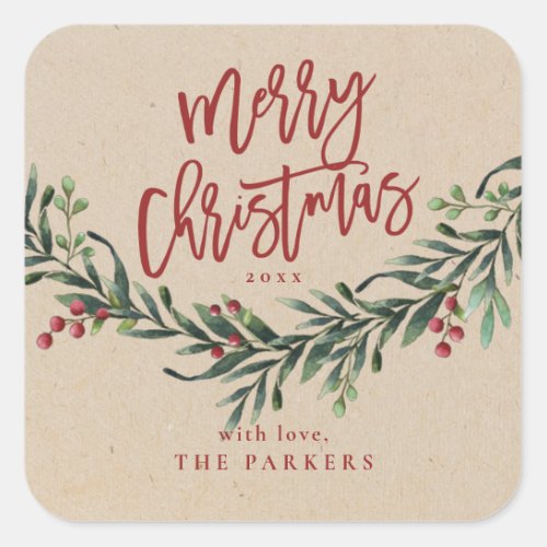 Script Merry Christmas Greenery Branch Square Sticker