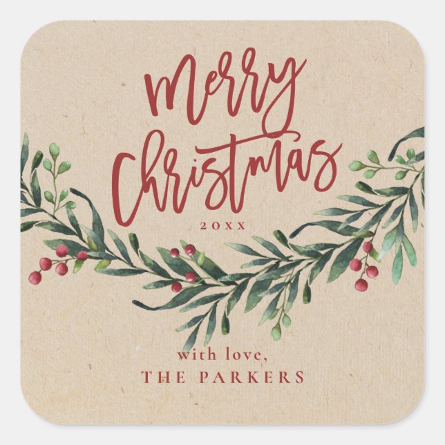 Script Merry Christmas Greenery Branch Square Sticker (Front)