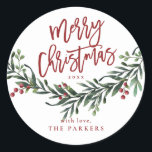 Script Merry Christmas Greenery  Classic Round Sticker<br><div class="desc">A festive,  red,  green and white merry Christmas gift sticker,  favor sticker or envelope enclosure featuring bold script and watercolor greenery with leaves and berries.</div>