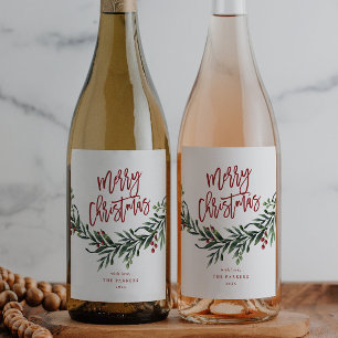 Script Merry Christmas Greenery Holiday Party Wine Label