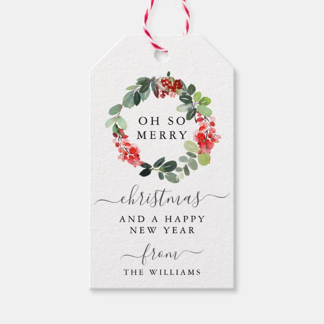 Script Merry Christmas Holiday Wreath Gift Tag (Front)